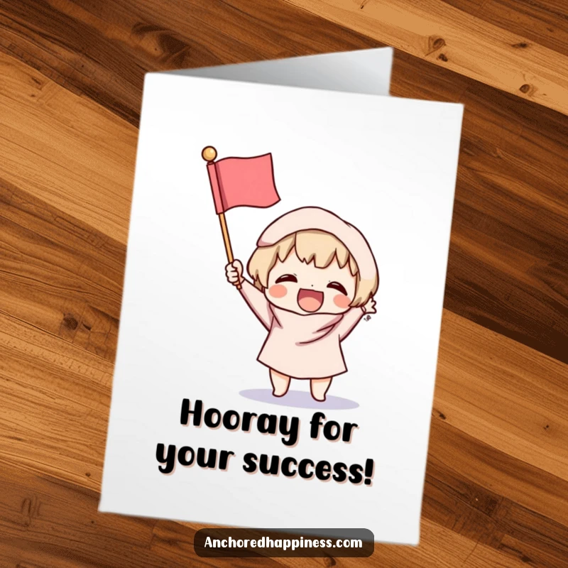 Funny Free Printable Congrats Card: Small character triumphantly waving a tiny, fluffy flag, celebrating achievement with adorable enthusiasm. Congrats!