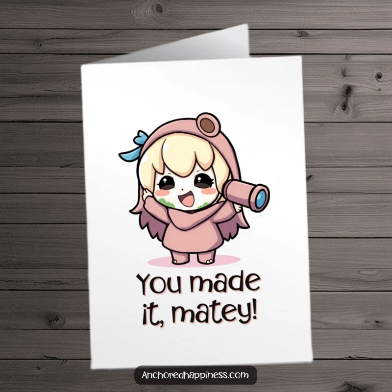 Funny Free Printable Congrats Card: kawaii character excitedly spotting land through a spyglass, celebrating success.