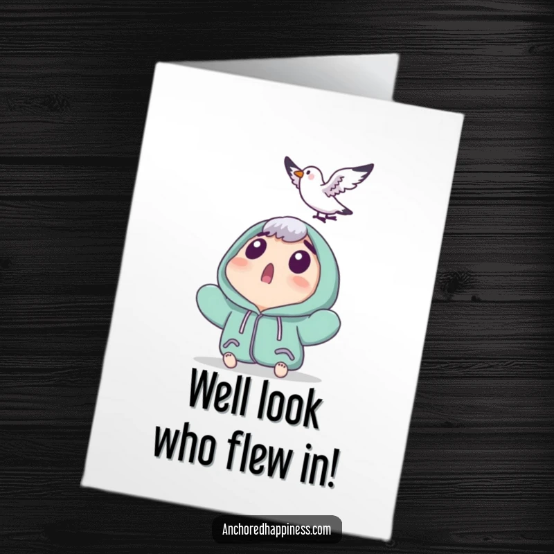 Funny Free Printable Congratulations Card: Character startled by a tiny seagull, celebrating success with humor.