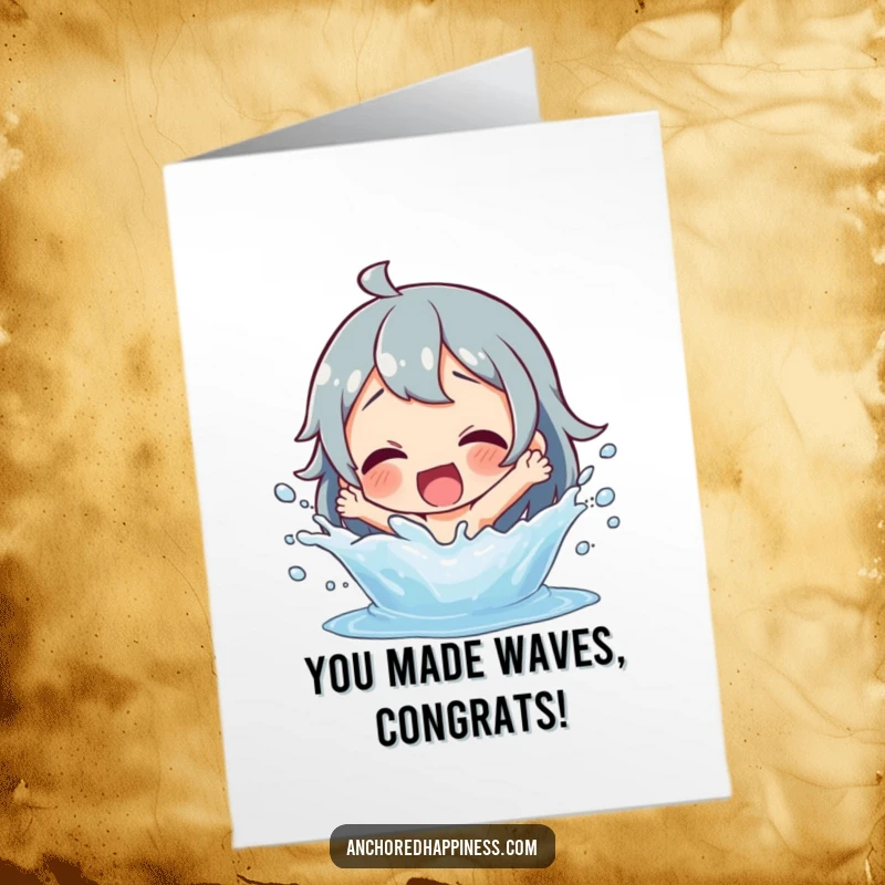 Funny Free Printable Congratulations Card: Character joyfully splashing water, delighted look, celebrating a wet victory, downloadable.