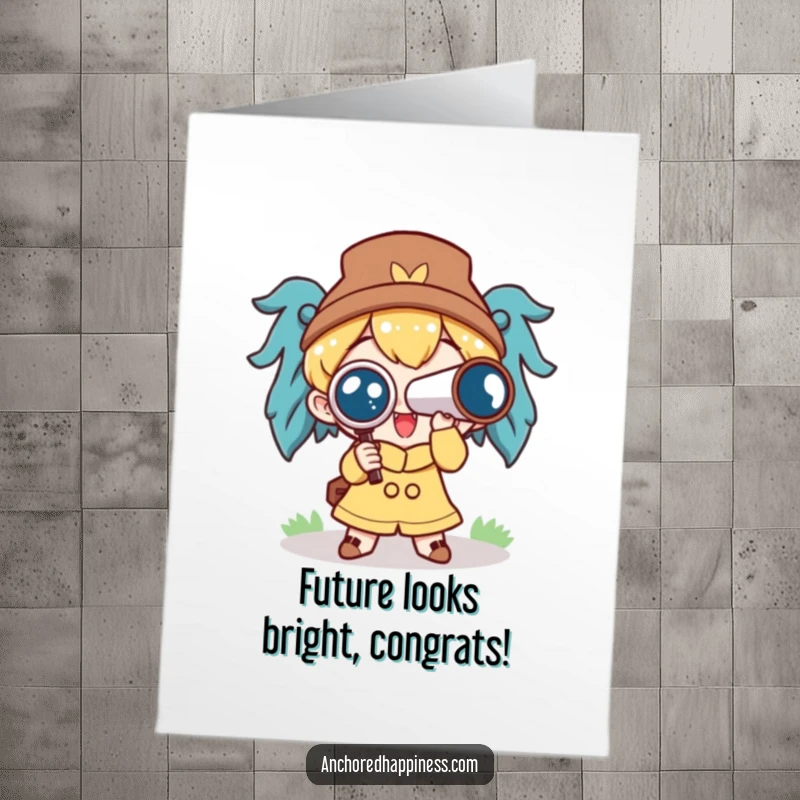 Free Printable Congratulations Card: A cute character uses a spyglass, symbolizing a clear vision for future achievements.
