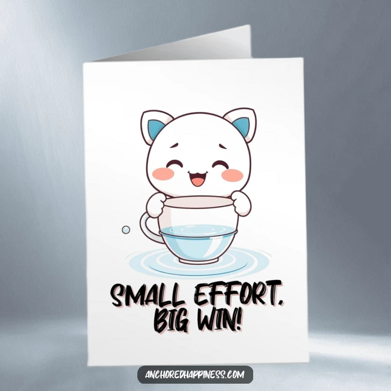 Free Printable Congratulations Card: Grinning character comically bailing water with a tiny teacup, signifying effort and humor.