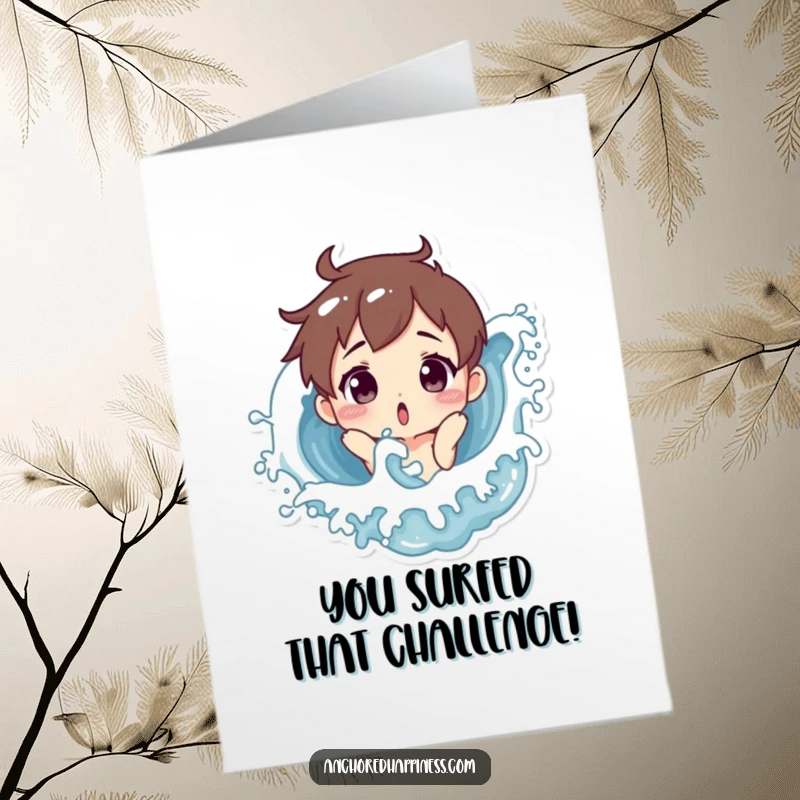 Free Printable Congratulations Card: Amused character playfully splashed by a wave, conveying celebratory and funny sentiments.