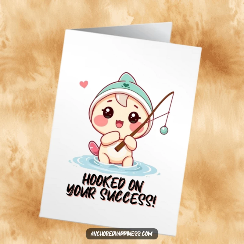 Funny free printable congratulations card showing a playful character casting a fishing line, celebrating a successful catch or milestone.