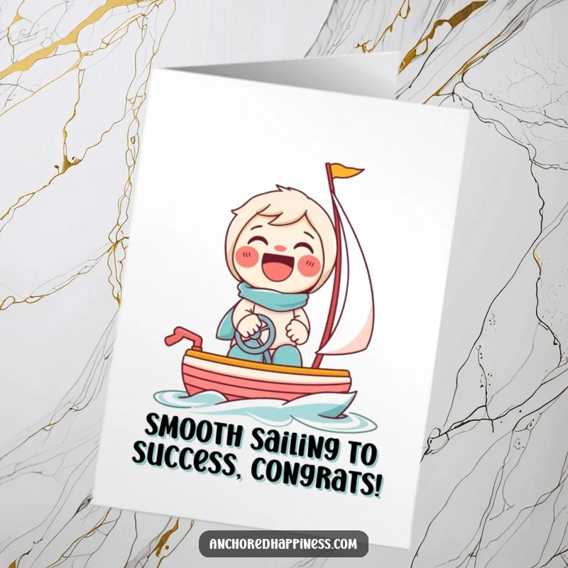 Funny Free Printable Congratulations Card: Beaming character giggling as they expertly steer a small toy sailboat.