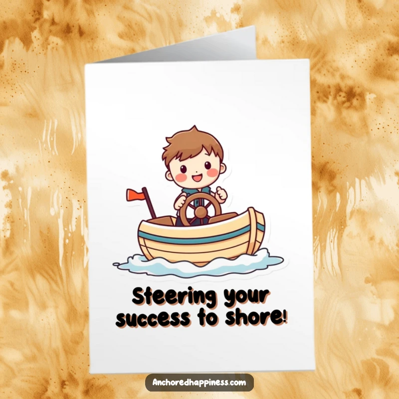 Funny free printable congratulations card of a cheerful figure comically steering a small whimsical boat, celebrating a successful voyage.