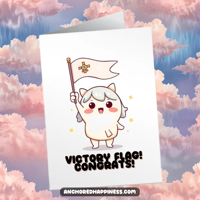 Funny Free Printable Congratulations Card: Cute character happily raises a signal flag, indicating success.