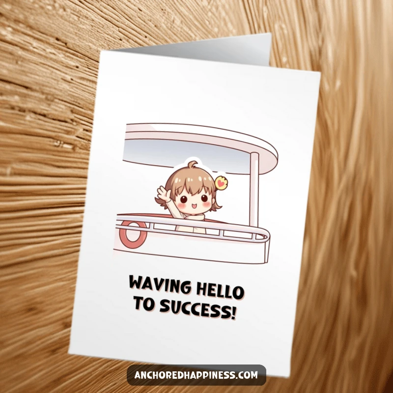 Funny free printable congratulations card of a charming figure waving enthusiastically from a boat deck, celebrating a big win.