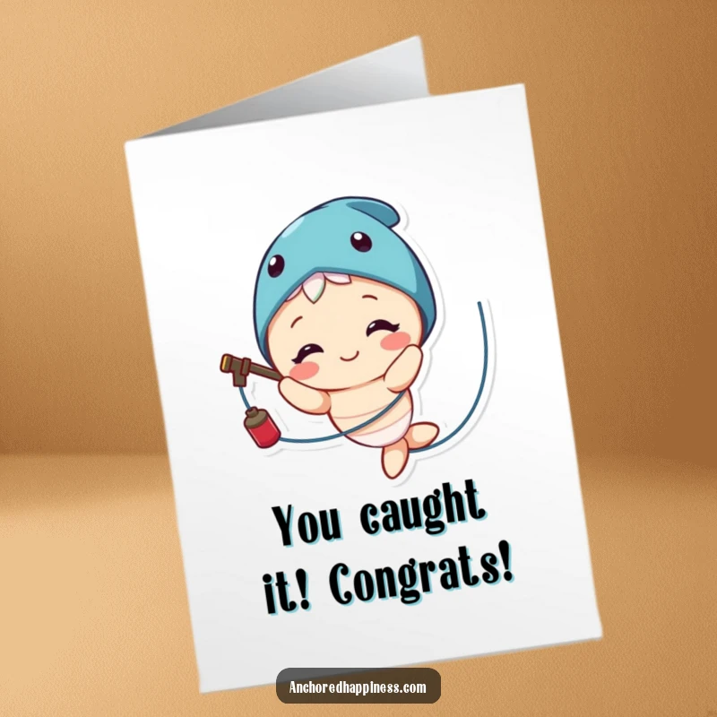 Funny Free Printable Congratulations Card: A smiling character hilariously stuck in fishing line, celebrating your success.