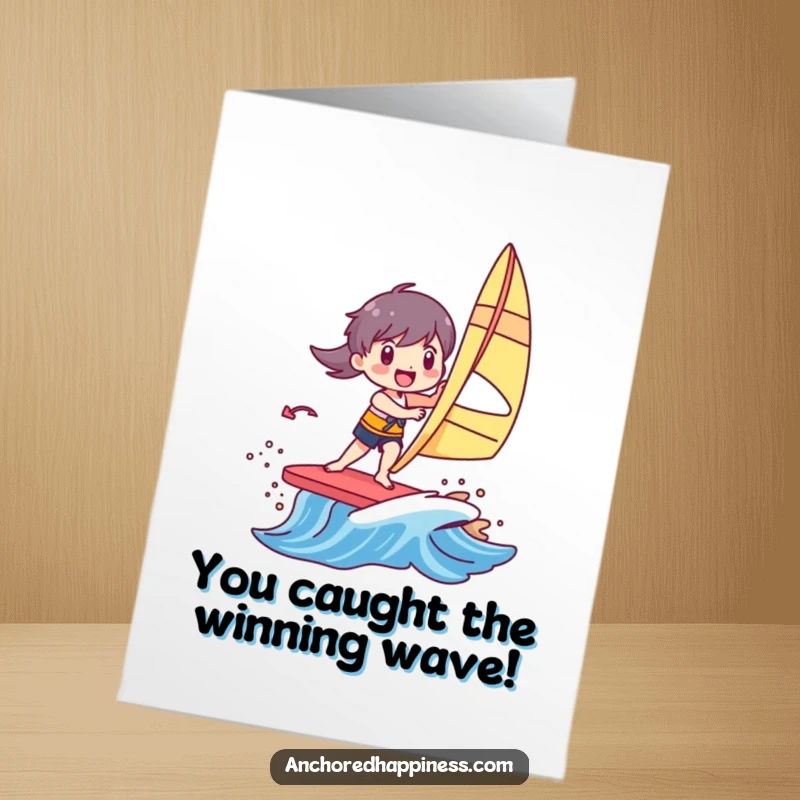 Funny Free Printable Congrats Card: Character triumphantly windsurfing with pure joy on a small, colorful, dynamic wave.