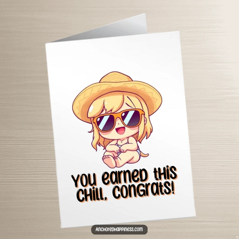 Funny Free Printable Congratulations Card: Character in sunglasses and straw hat lounges with delight, celebrating a win.