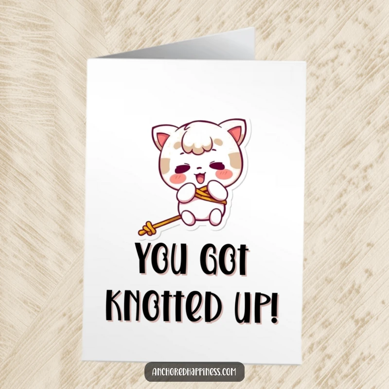 Funny Free Printable Congrats Card: Kawaii character comically tangled in rope, a humorous nod to overcoming challenges, downloadable art.