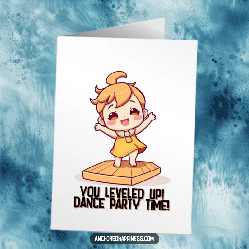 Funny Free Printable Congratulations Card: Character doing a silly dance on a tilted deck, celebrating a big win.