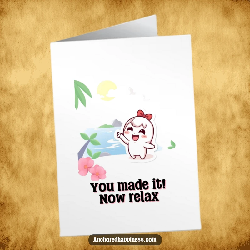 Funny Free Printable Congratulations Card: Cute character pointing enthusiastically at a distant island, symbolizing new beginnings.