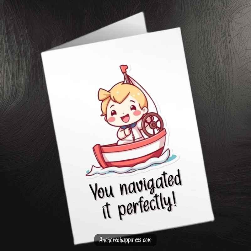 Funny Free Printable Congrats Card: Tiny grinning sailor expertly steers a miniature sailboat, celebrating a win.