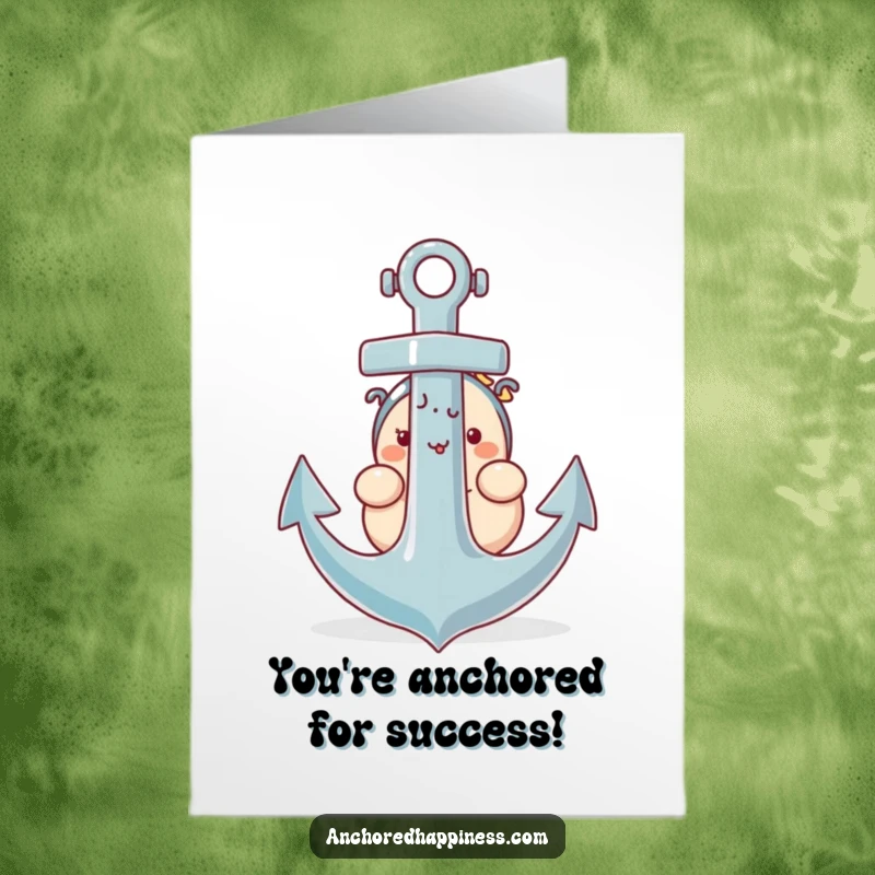 Funny Free Printable Congratulations Card: Plump character peeks from behind a giant anchor, celebrating success.