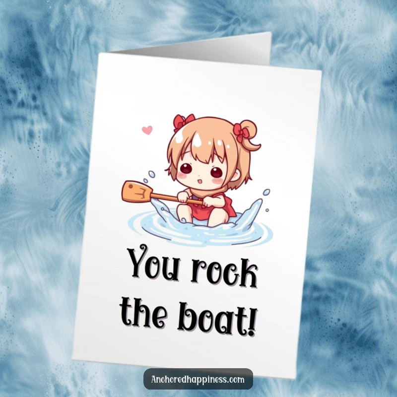 Funny Free Printable Congratulations Card: Cute character gleefully splashing water with a small oar, celebrating success.