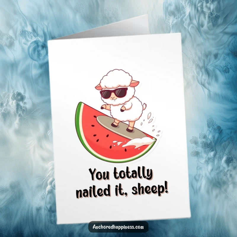Funny Free Printable Congrats Card: Sheep wearing sunglasses surfs a giant watermelon slice, celebrating. Downloadable art.