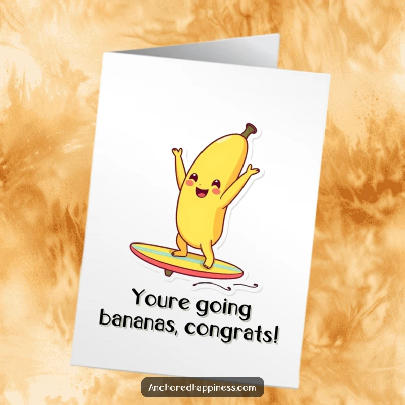 Funny Free Printable Congrats Card: Smiling banana balancing in a handstand on a tiny surfboard. Tropical congrats. Downloadable art.