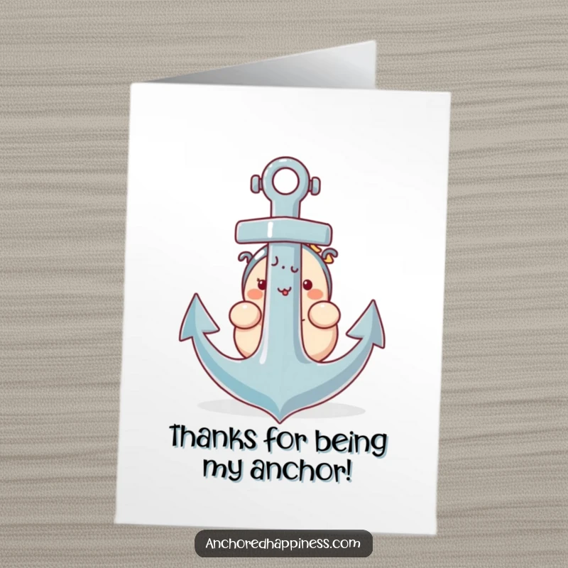 Funny Free Printable Thank You Card: Plump character peeks from behind a giant anchor, expressing thanks humorously.