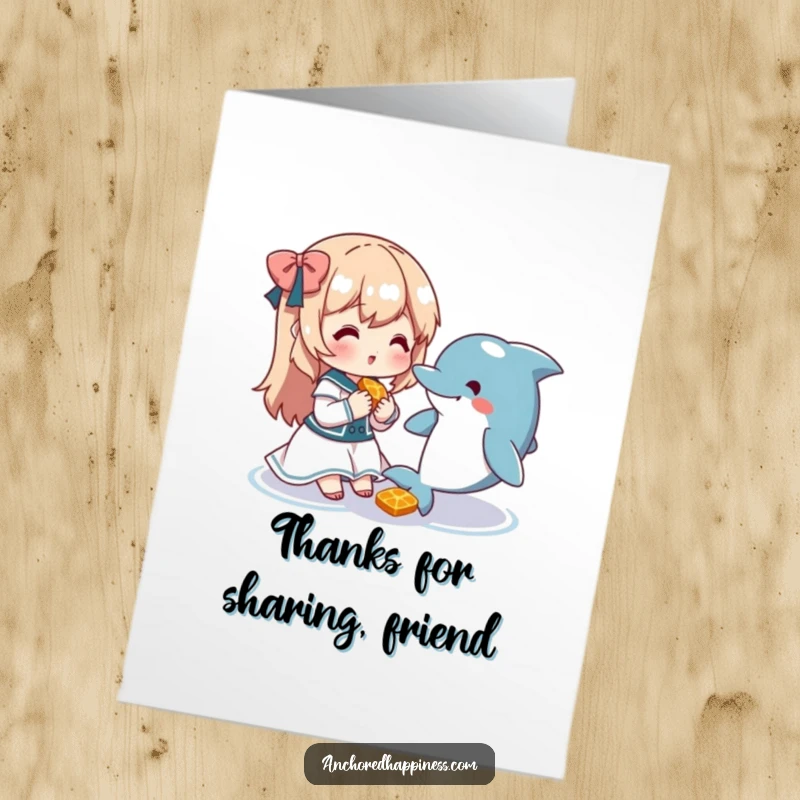 Free Printable Thank You Card: A cute character and friendly dolphin share a snack, spreading warmth and gratitude.