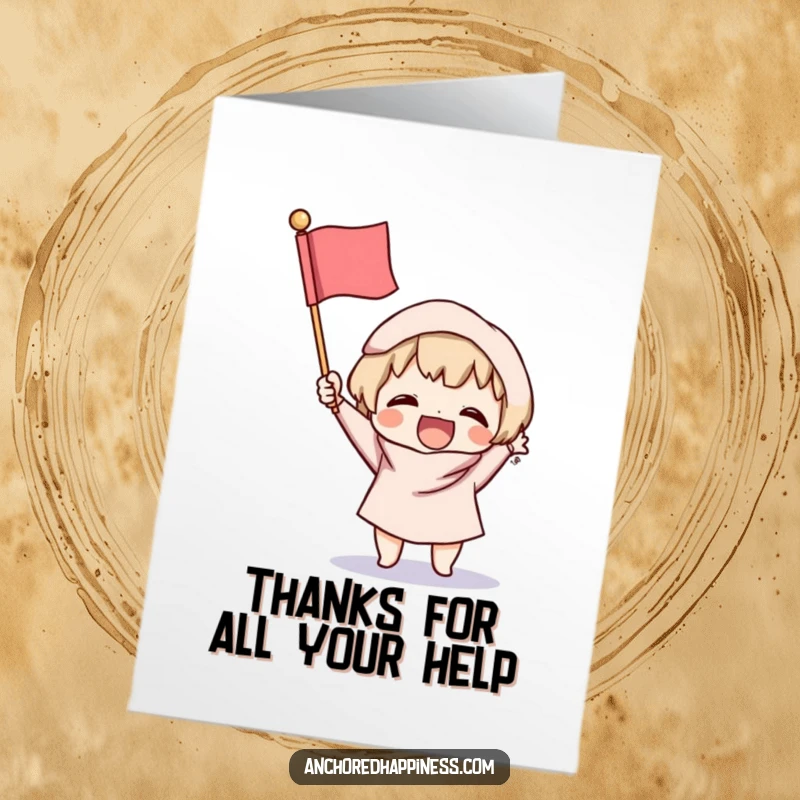 Funny Free Printable Thank You Card: Small character proudly waving a tiny fluffy flag, expressing thanks with adorable, spirited fanfare. Thank you!