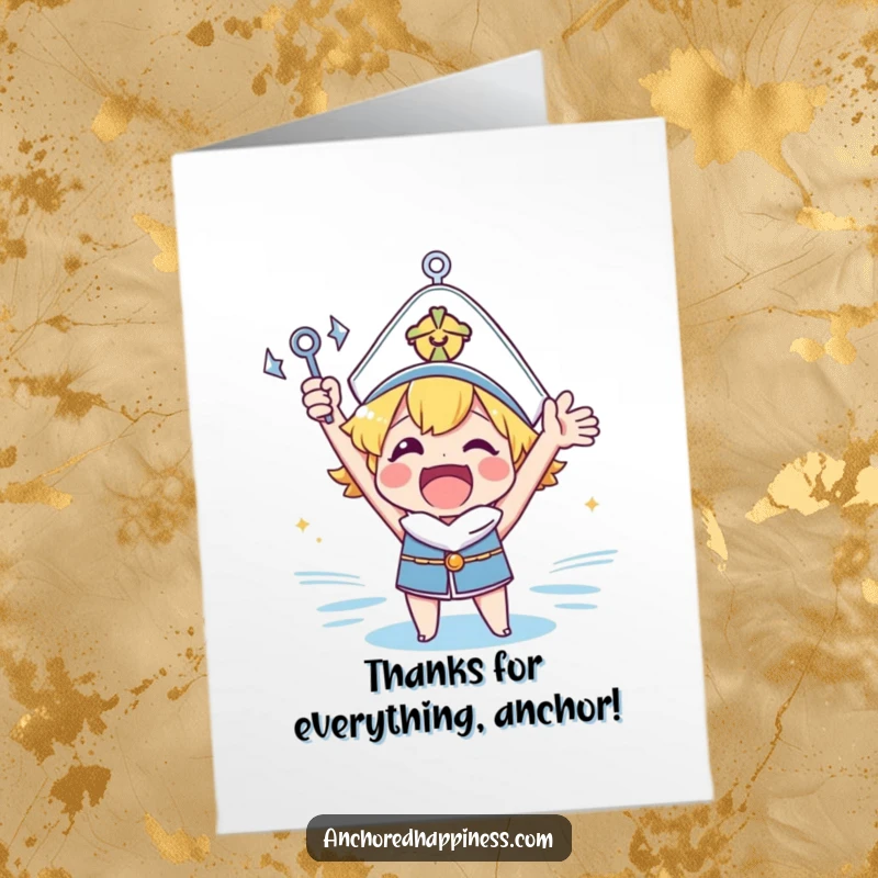 Funny Free Printable Thank You Card: Character cheering excitedly with a tiny anchor, expressing gratitude, cute downloadable.
