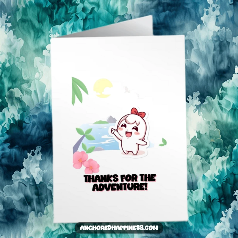 Funny Free Printable Thank You Card with a cute character pointing excitedly at a distant island destination.