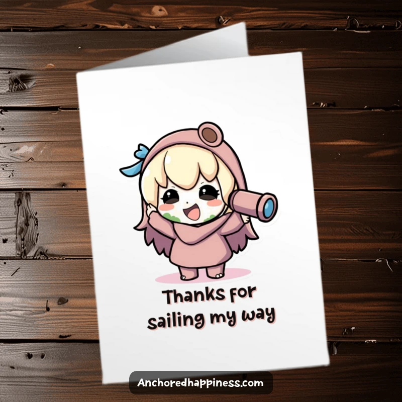 Funny Free Printable Thank You Card: kawaii character using a spyglass to joyfully spot land, conveying thanks.