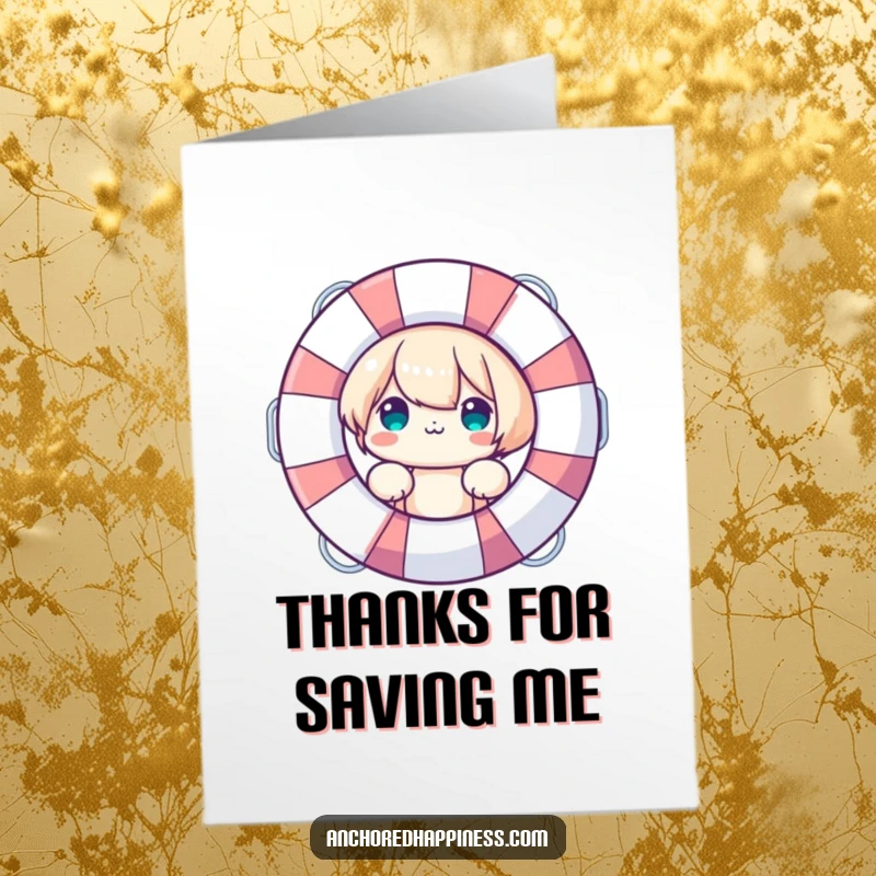 Funny Free Printable Thank You Card: Cute character peeking from behind a life preserver, offering thanks.