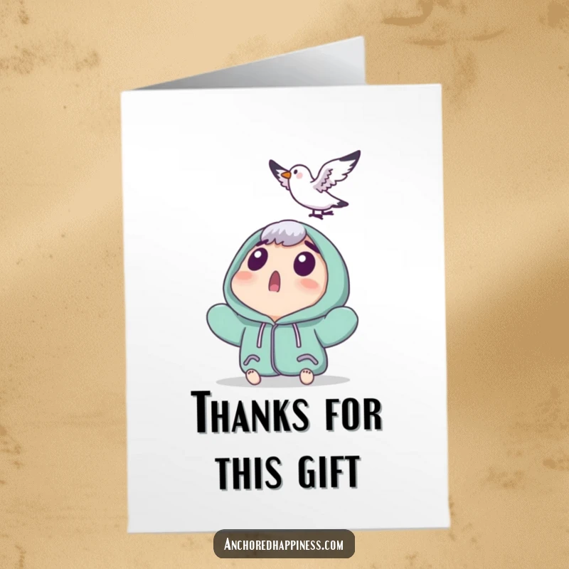 Funny Free Printable Thank You Card: Character's surprised reaction to a tiny seagull, expressing thanks comically.
