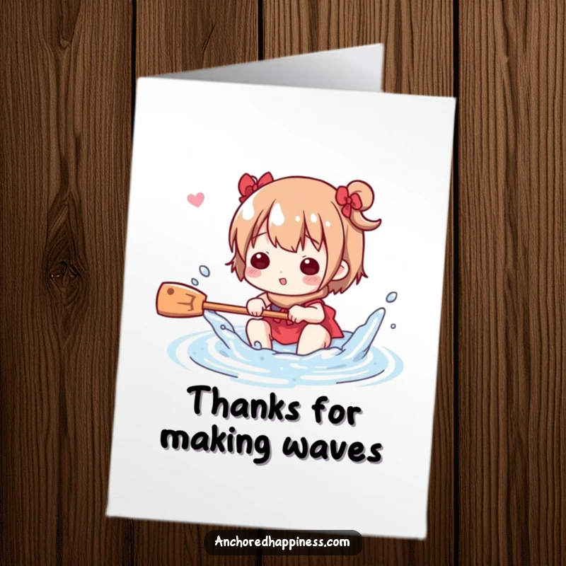 Funny Free Printable Thank You Card: Cute character playfully splashing water with a small oar, conveying thanks.