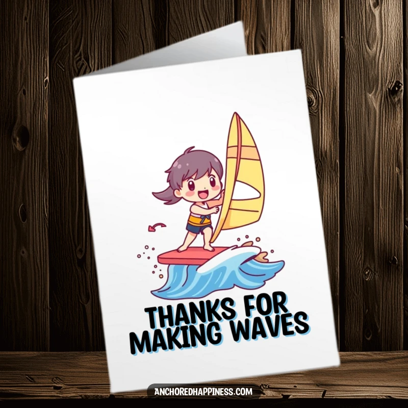 Funny Free Printable Thank You Card: Character joyfully windsurfing on a small, colorful wave, conveying heartfelt thanks.