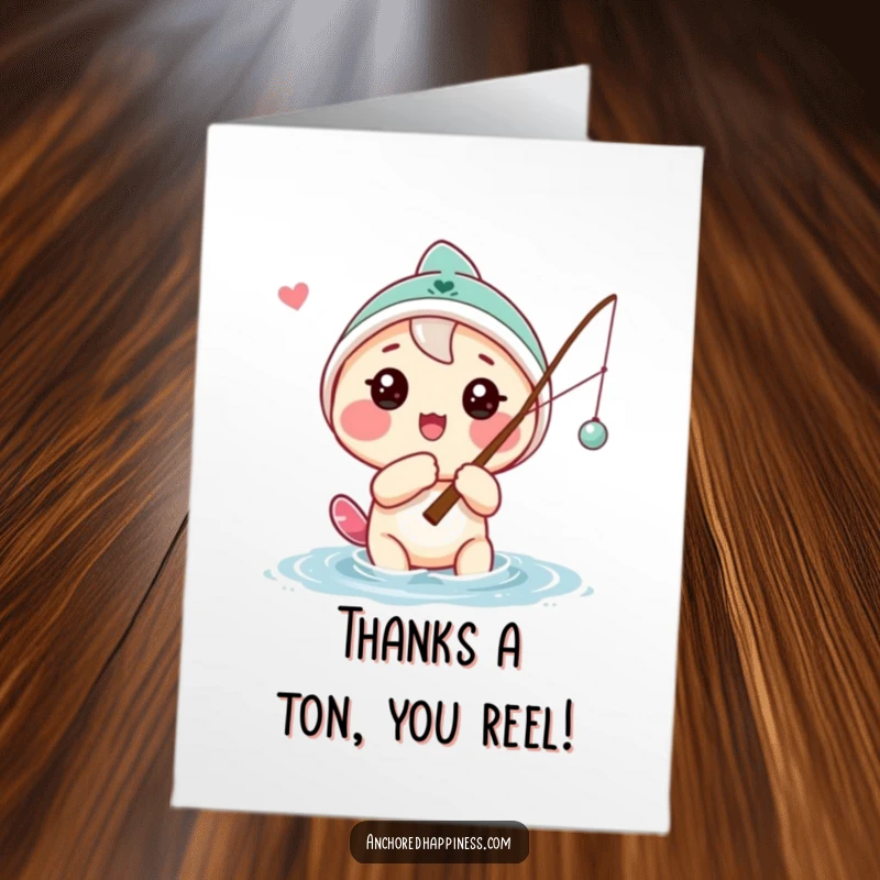 Funny free printable thank you card featuring a playful character casting a fishing line, expressing thanks with a hopeful smile.