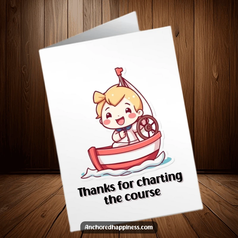 Funny Free Printable Thank You Card: Tiny grinning sailor steers a miniature sailboat, expressing thanks joyfully.