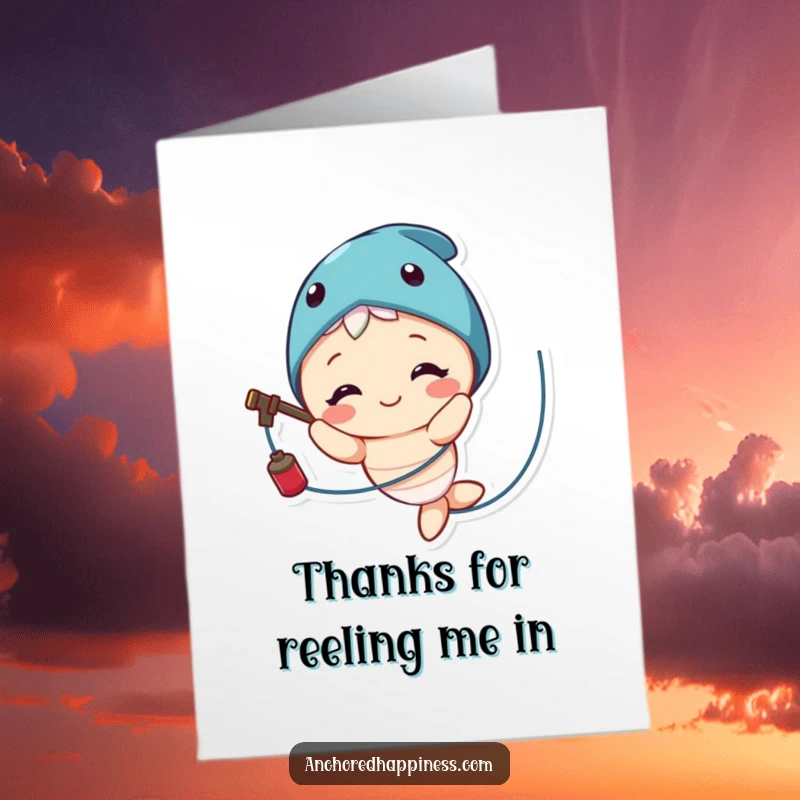 Funny Free Printable Thank You Card: A character happily tangled in fishing line, expressing gratitude with a smile.
