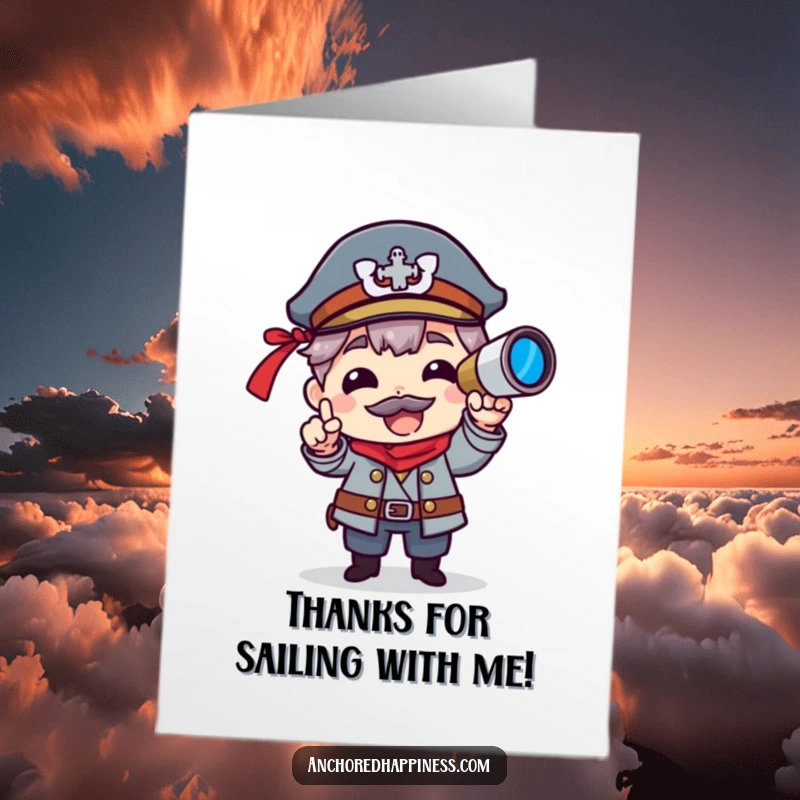 Funny Free Printable Thank You Card: Captain Character holding spyglass, expressing immense gratitude with a humorous, nautical theme.