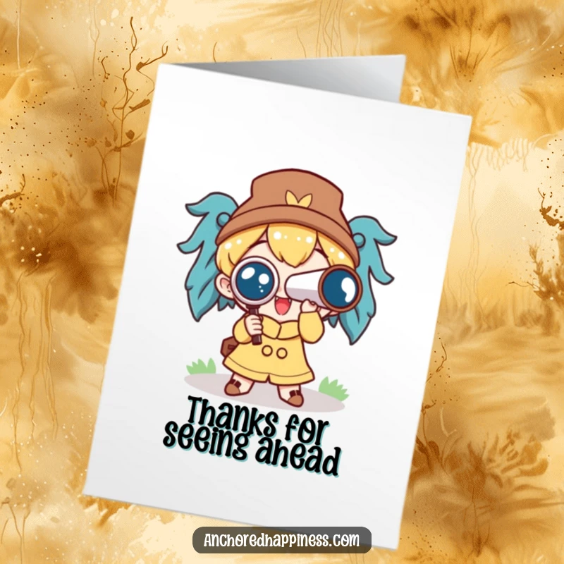 Free Printable Thank You Card: A cute character holds a spyglass, looking ahead with gratitude for your kindness.