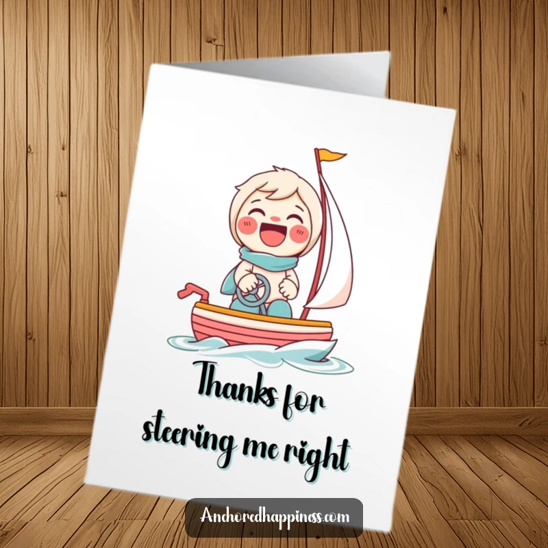 Funny Free Printable Thank You Card: A giggling character beams while steering a tiny toy sailboat, full of thanks.
