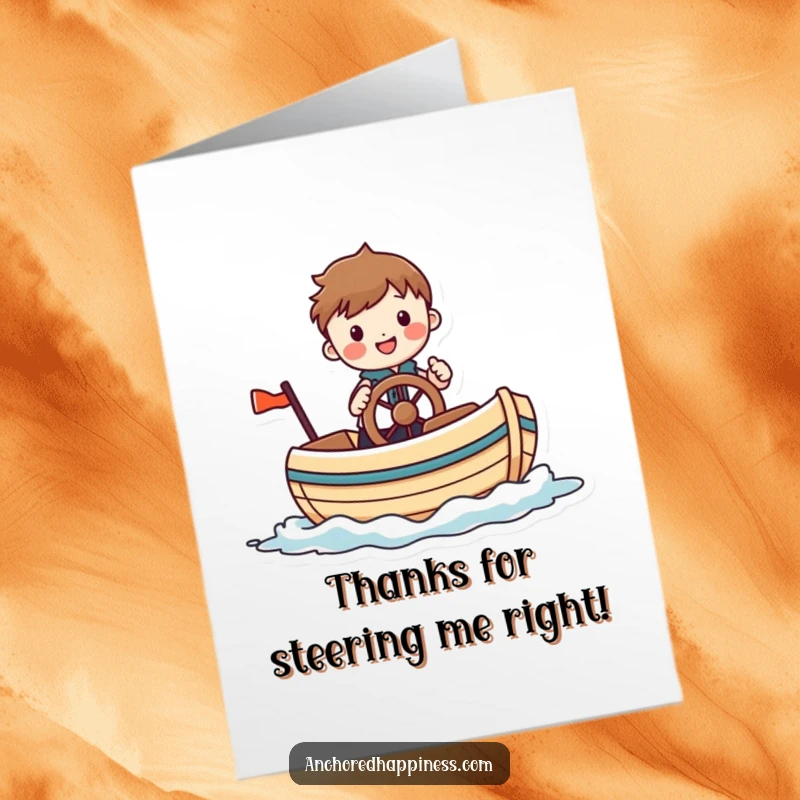 Funny free printable thank you card with a cheerful figure comically steering a small whimsical boat, expressing thanks with a smile.