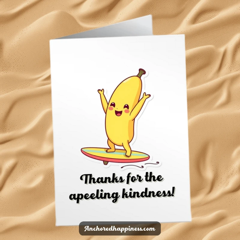 Funny Free Printable Thank You Card: Smiling banana doing a handstand on a tiny surfboard, conveying thanks. DIY card.