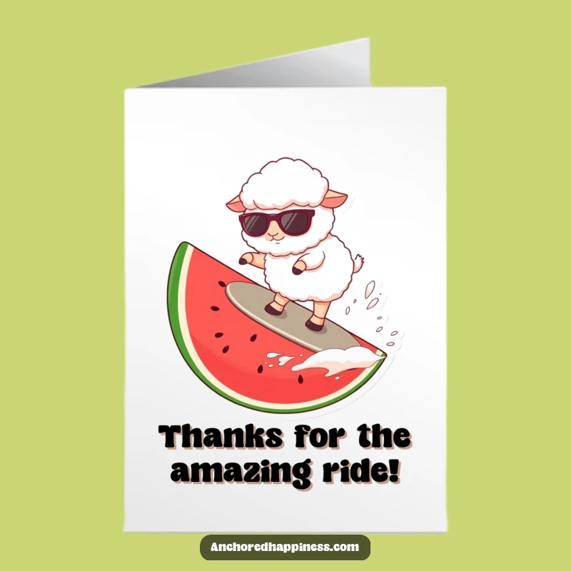 Funny Free Printable Thank You Card: Surfing Sheep - Watermelon Gratitude Downloadable