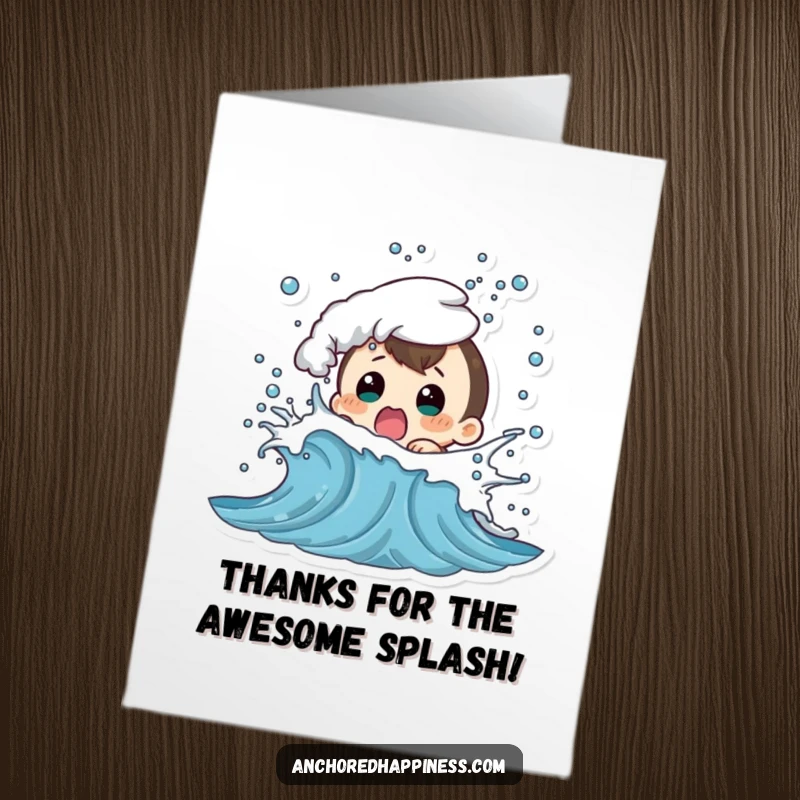 Funny Free Printable Thank You Card: Character shocked by a playful wave splash, humorously expressing thanks.