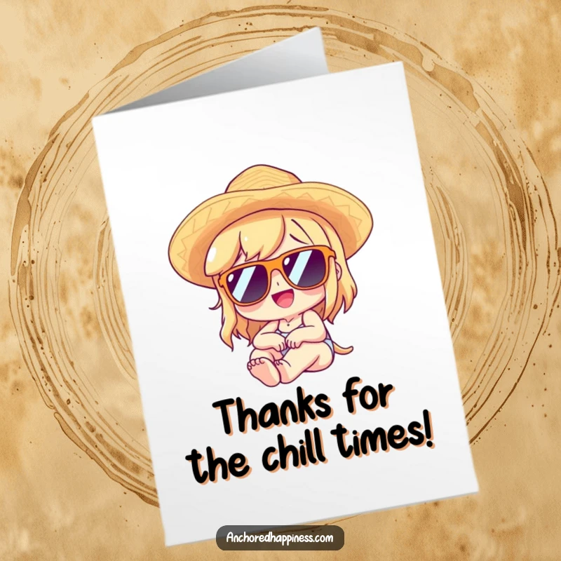 Funny Free Printable Thank You Card: Character wearing sunglasses and straw hat lounges with delight, expressing thanks.