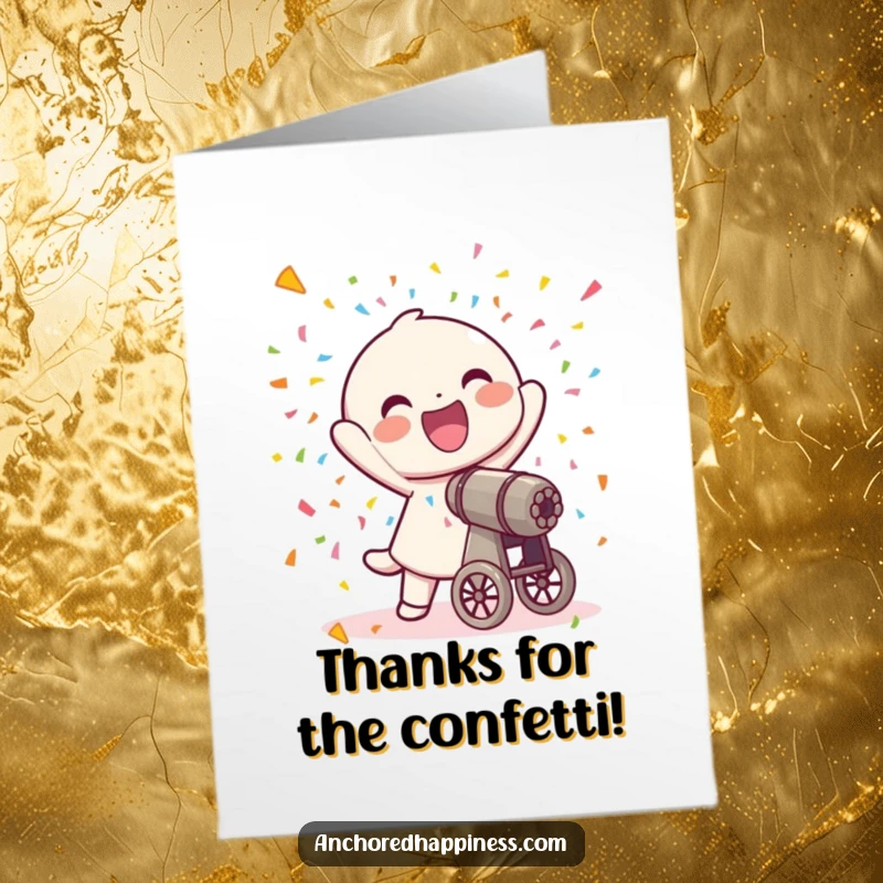 Funny Free Printable Thank You Card: Joyful character shoots colorful confetti from a small cannon, expressing thanks.