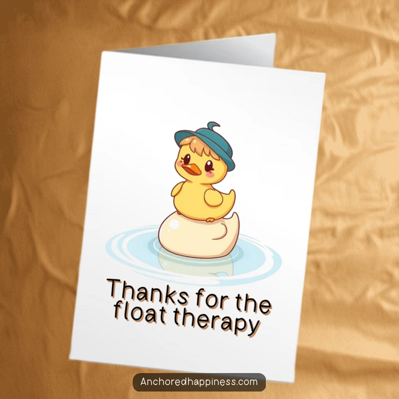 Funny Free Printable Thank You Card: Character humorously balancing on a rubber ducky in water, expressing thanks.