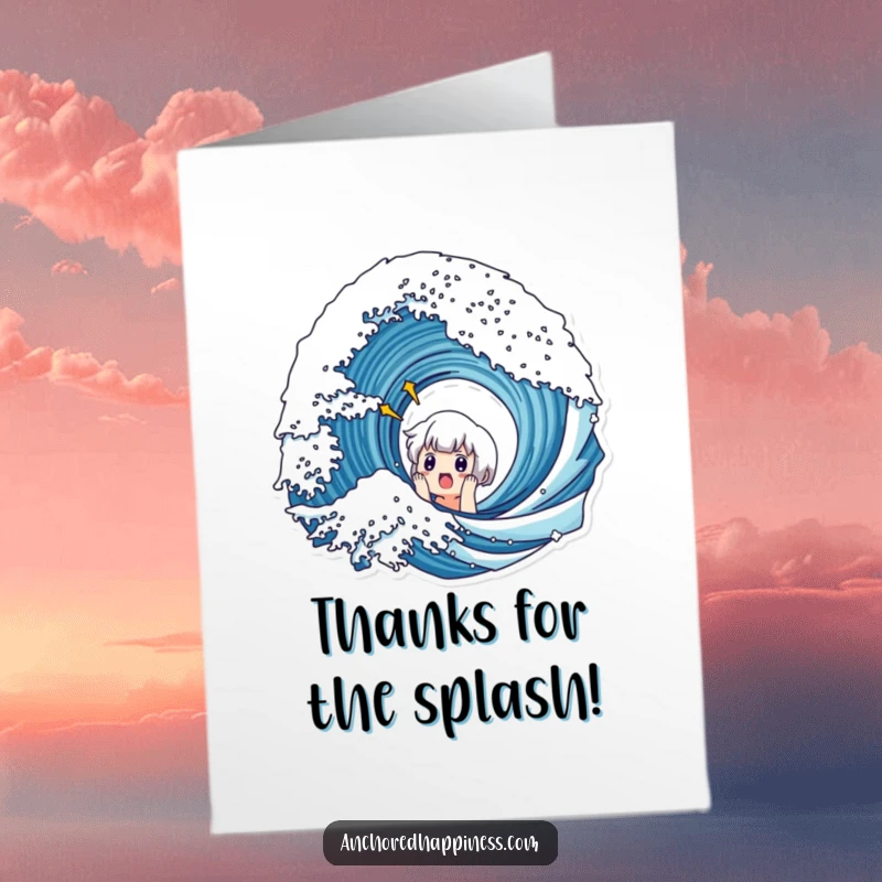 Funny Free Printable Thank You Card: Cute character reacting with wide-eyed surprise to an oncoming large wave.