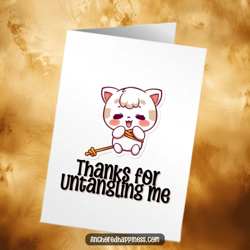 Funny Free Printable Thank You Card: Kawaii character comically gets tangled in a rope, a humorous way to express thanks, downloadable art.