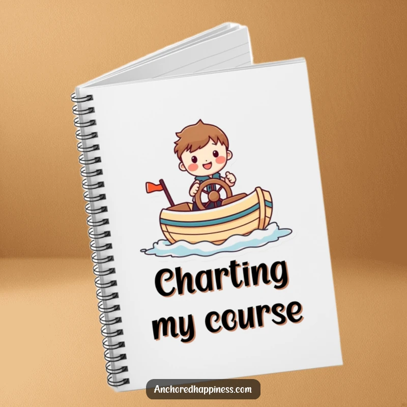 Funny notebook with a cheerful figure comically steering a small, whimsical boat, designed for capturing nautical ideas and daily reflections.