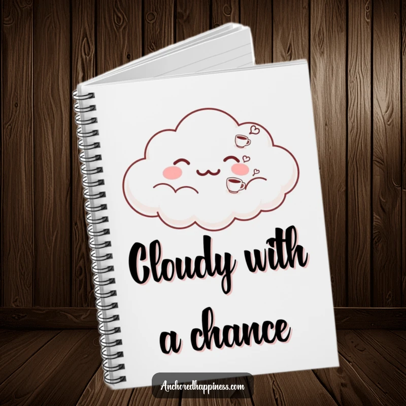 Funny notebook with a cloud exhaling small coffee cups on the cover. A creative and humorous journal for coffee enthusiasts. Great stationary.